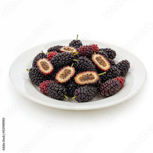 Fresh mulberries are displayed many on a white plate whole and halved delicious