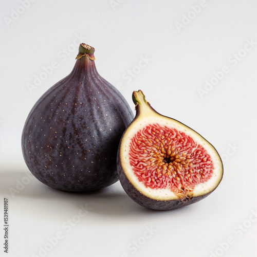 Figs display halves and whole on a white table Delicious and fresh figs for healthy eating and lifestyles