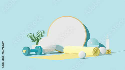 Pastel fitness scene featuring a dumbbell a yoga mat and a plant against a light blue background space