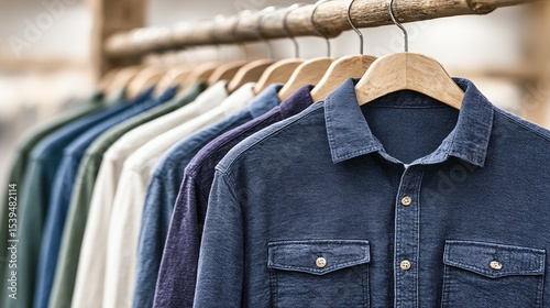 Variety of shirts hanging on wooden hangers.