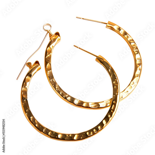 Textured gold hoop earrings isolated on transparent background