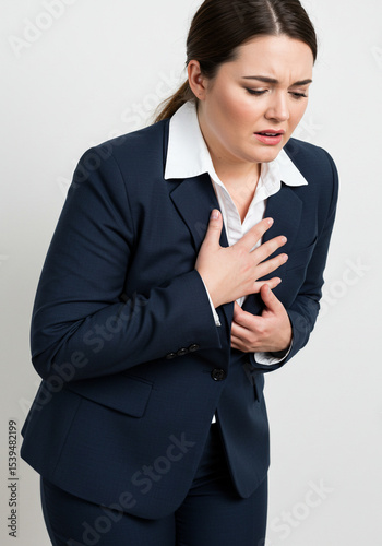 A curvy woman felt pain in her chest, an expression of pain.