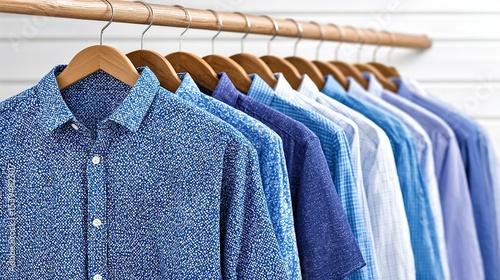 Variety of patterned and solid-colored long-sleeved shirts hanging on a wooden rod.