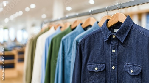A row of shirts hanging on racks in a store.