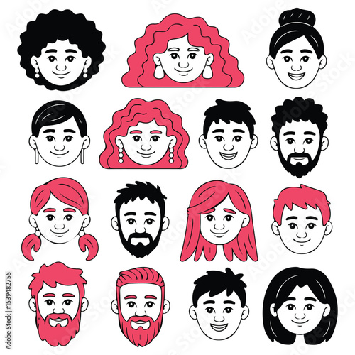 set of doodle head portraits isolated vector illustration on white background