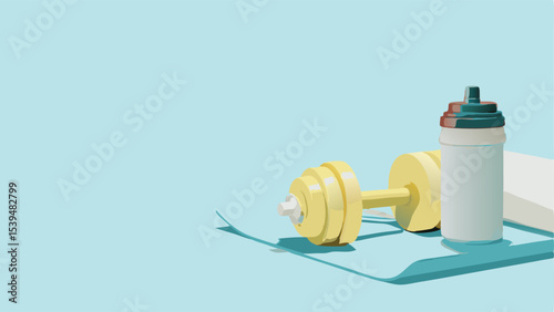 A still life of a yellow dumbbell, a water bottle, and a towel on a light blue surface in a studio