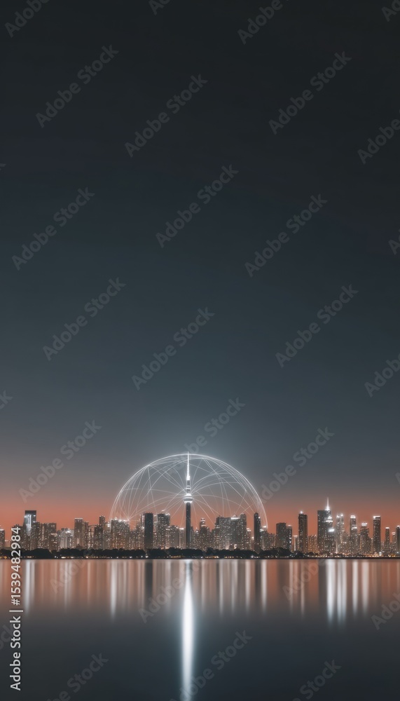 Obraz premium Night city skyline with ethereal orb