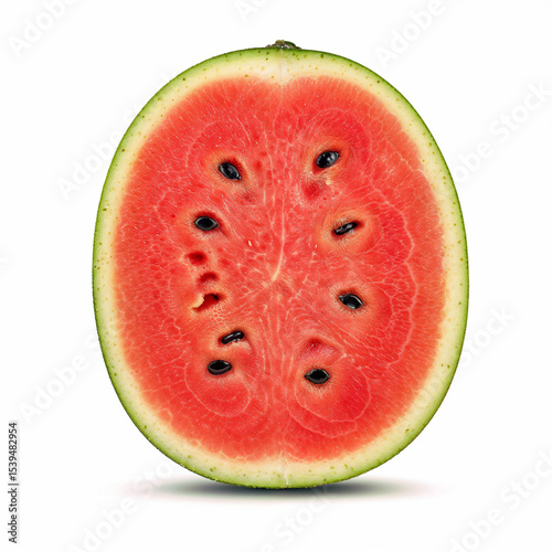 Sliced watermelon displays juicy red flesh with black seeds against a white backdrop