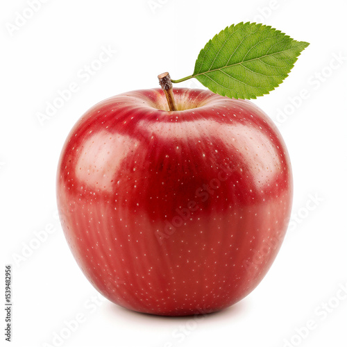 Bright red apple sits fresh and ripe against clean white backdrop ready to eat