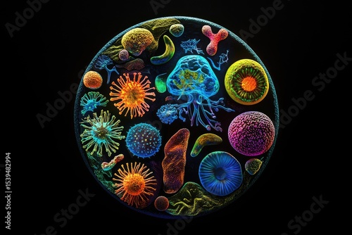 Microscopic organisms, vibrant colors, diverse shapes, arranged in a circular pattern against a black background