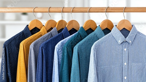 Assorted men's button-down shirts on hangers.