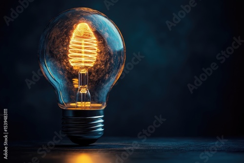 Glowing vintage lightbulb with spiral filament, dark background