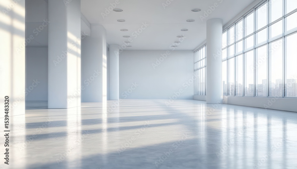 Obraz premium Bright empty modern room with large floor-to-ceiling windows, white walls, multiple pillars, and shiny floor reflecting soft natural light