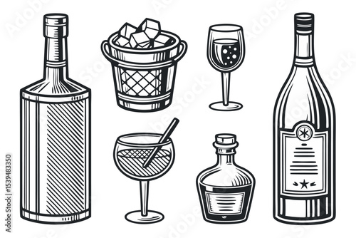Vector illustration of various drink bottles glasses and ice bucket in a clean style