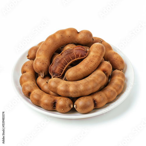 Tamarinds are piled high on white plate some peeled exposing the dark pulp inside Healthy exotic food
