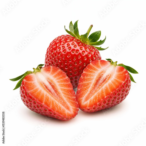 Fresh strawberries one whole and two halves showing juicy red flesh against a plain backdrop