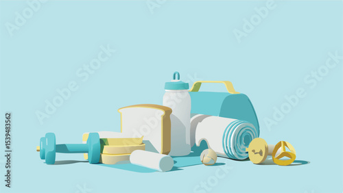 Still life of fitness and nutrition items including dumbbell bread water bottle and lunchbox on blue