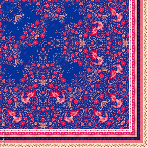 Quarter of the folk shawl print with ornamental border. Silk neck scarf with beautiful birds, flowers and leaves in a red and blue tones. Summer kerchief square pattern.