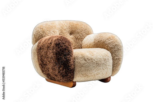 A plush, cushioned armchair with a rounded design and two-toned sheepskin upholstery in beige and brown, rests on dark wooden legs against a black backdrop