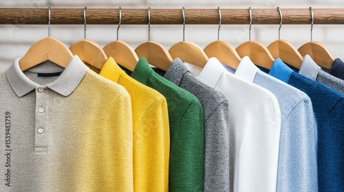 Assorted polo shirts on hangers.