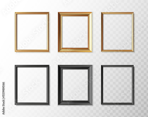 3d realistic vector icon illustration. Picture frames in gold and black color, wide and slim. Isolated on transparent background.