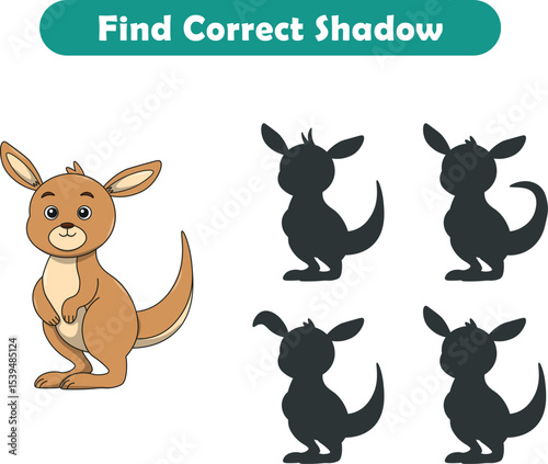 Funny cartoon kangaroo. find the correct shadow. Kids Education games. Cartoon vector illustration