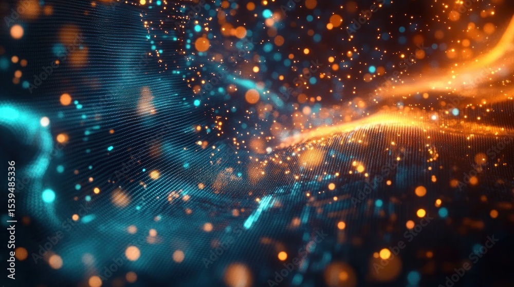 Fototapeta premium Abstract digital wave of blue and orange glowing particles and light dots creating a futuristic flowing pattern with depth and motion