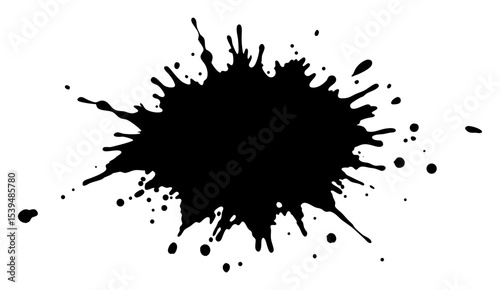 A striking black ink splatter with irregular edges and varying densities, ideal for a grunge or artistic effect.
