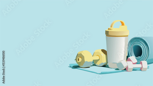 Workout equipment including dumbbells shaker bottle and yoga mat on a light blue background studio shot
