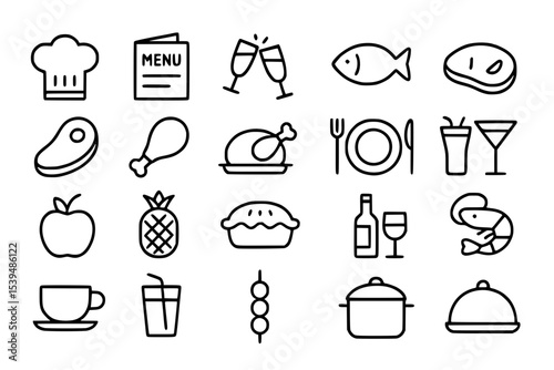 Minimalist Cooking and Restaurant Line Icons Set. Cooking, food, kitchen, restaurant, chef, menu, cheers, toast, fish, meat, steak, chicken leg, roasted chicken, plate, fork, knife, spoon, cutlery, fr