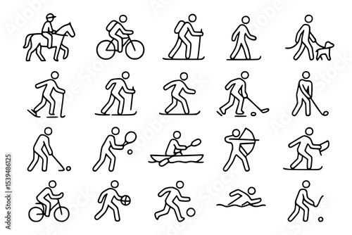 Minimalist Sport and Outdoor Activities Line Icons Set. Sport, activity, outdoor, recreation, exercise, fitness, healthy, lifestyle, horseback riding, cycling, biking, hiking, walking, dog walking, go