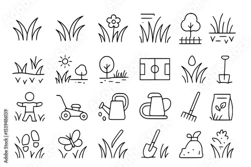 Grass and Gardening Line Icons Set. Grass, lawn, garden, gardening, plant, nature, green, outdoor, field, meadow, park, flower, tree, sun, forest, landscape, football field, soccer, egg, shovel, garde