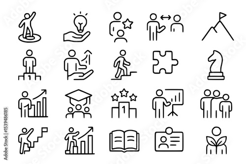Self-Development and Career Growth Line Icons Set. Self-development, personal growth, career, success, achievement, leadership, learning, education, skill, improvement, innovation, idea, creativity, t