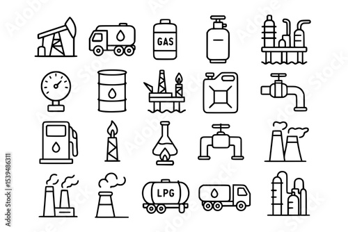 Petrochemical Industry Line Icons Set. Petrochemical, oil, gas, industry, energy, fuel, refinery, drilling, pumpjack, oil rig, gas cylinder, gasoline, diesel, barrel, drum, jerrycan, canister, valve, 