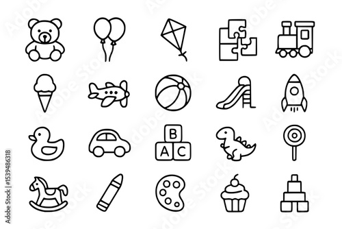 Toy and Children's Play Line Icons Set. Toy, play, children, kids, childhood, fun, entertainment, teddy bear, stuffed animal, balloons, kite, puzzle, jigsaw, train, locomotive, ice cream, cone, airpla