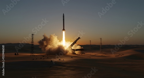 Dramatic rocket launch in desert setting at dawn, soaring with fiery plume, power & determination.