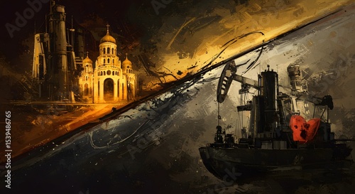 Contrast of Progress: A cathedral stands opposite to industrial oil extraction in painterly abstraction.