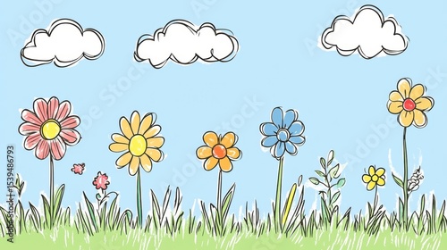 Colorful hand-drawn flowers and grass against a blue sky with clouds.