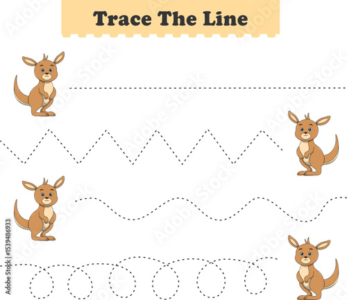 Trace line worksheets for children. Preschool handwriting practice with kangaroo. Vector illustration