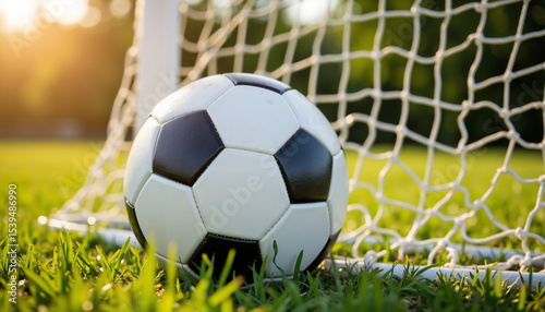 Soccer ball resting on green grass beside goal net in sunlight  