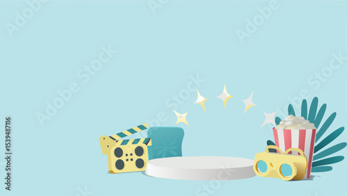 Aesthetic movie night scene with clapperboard popcorn binoculars and platform on a light blue backdrop