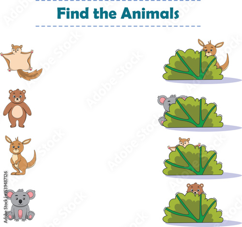Find Hiding Animals. Child Exercise Sheet with wild animals. Printable worksheet. Cartoon vector illustration