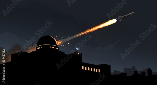 A missile launches from a building, leaving a trail of fire against a dark, cloudy sky and cityscape.