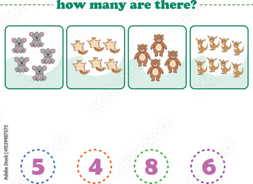 Counting game of wild animals for preschool kids. Printable. Vector Illustration