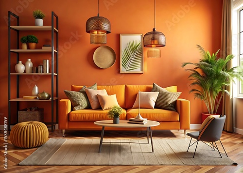 Stylish orange interior of living room with design sofa, decorations and home accessories