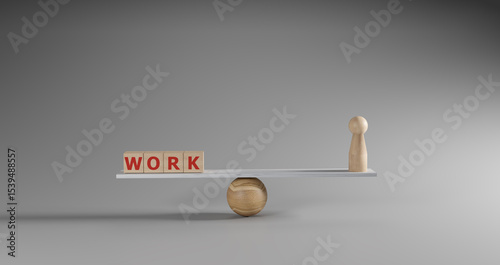 Balance stack of WORK blocks and human doll figure on a scale. Symbolizes work-life balance, the burden of labor, and the value of individual effort or wellbeing versus tasks now. 3d render.