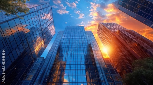 Wallpaper Mural Sunset illuminating modern tall glass skyscrapers with reflections of sky and clouds in a vibrant cityscape Torontodigital.ca