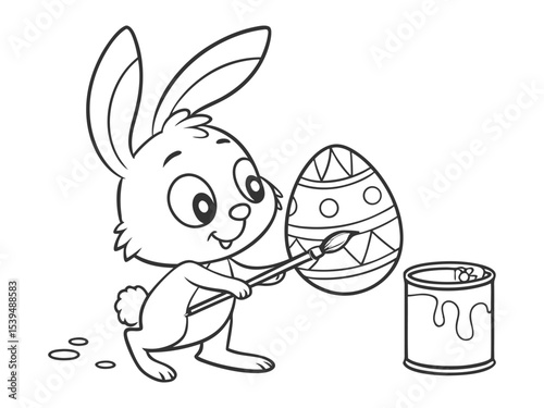 Easter Bunny holding an Easter egg and a brush. There is a can of paint next to it