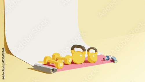 Still life of fitness equipment including dumbbells kettlebells and a jump rope on a pink mat backdrop