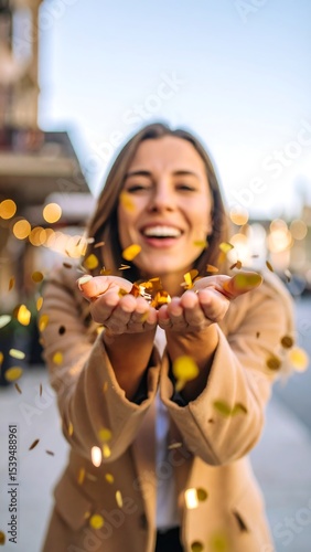 Woman blowing gold confetti outdoors.
